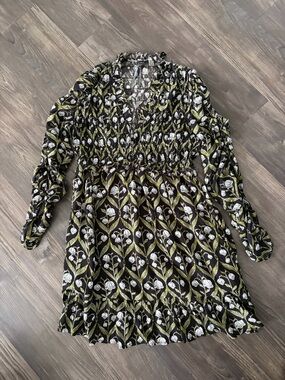 Anthropologie Black Floral Smocked Dress with Green Leaf Accents